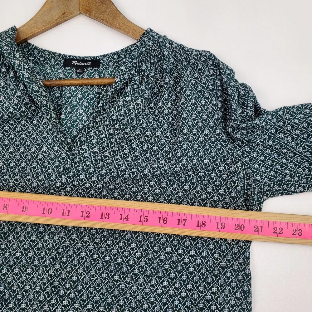 Madewell‎ Womens Floral Silk Memory Blouse Top Size S Green V-Neck 3/4 Sleeve